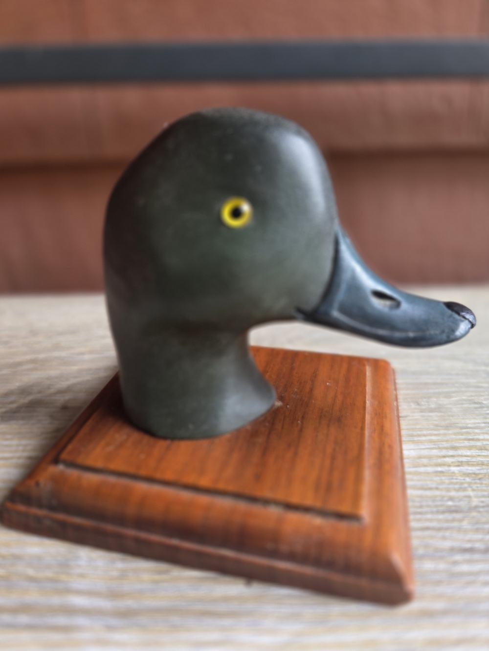 Handcrafted Green Duck Head Accent on Wood Base Vintage German Made Paperweight